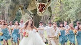 Dinosaur chasing bride and groom